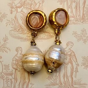 Pink Opal In Hammered Brushed 18k Gold Bezel & White Baroque Pearl Earrings